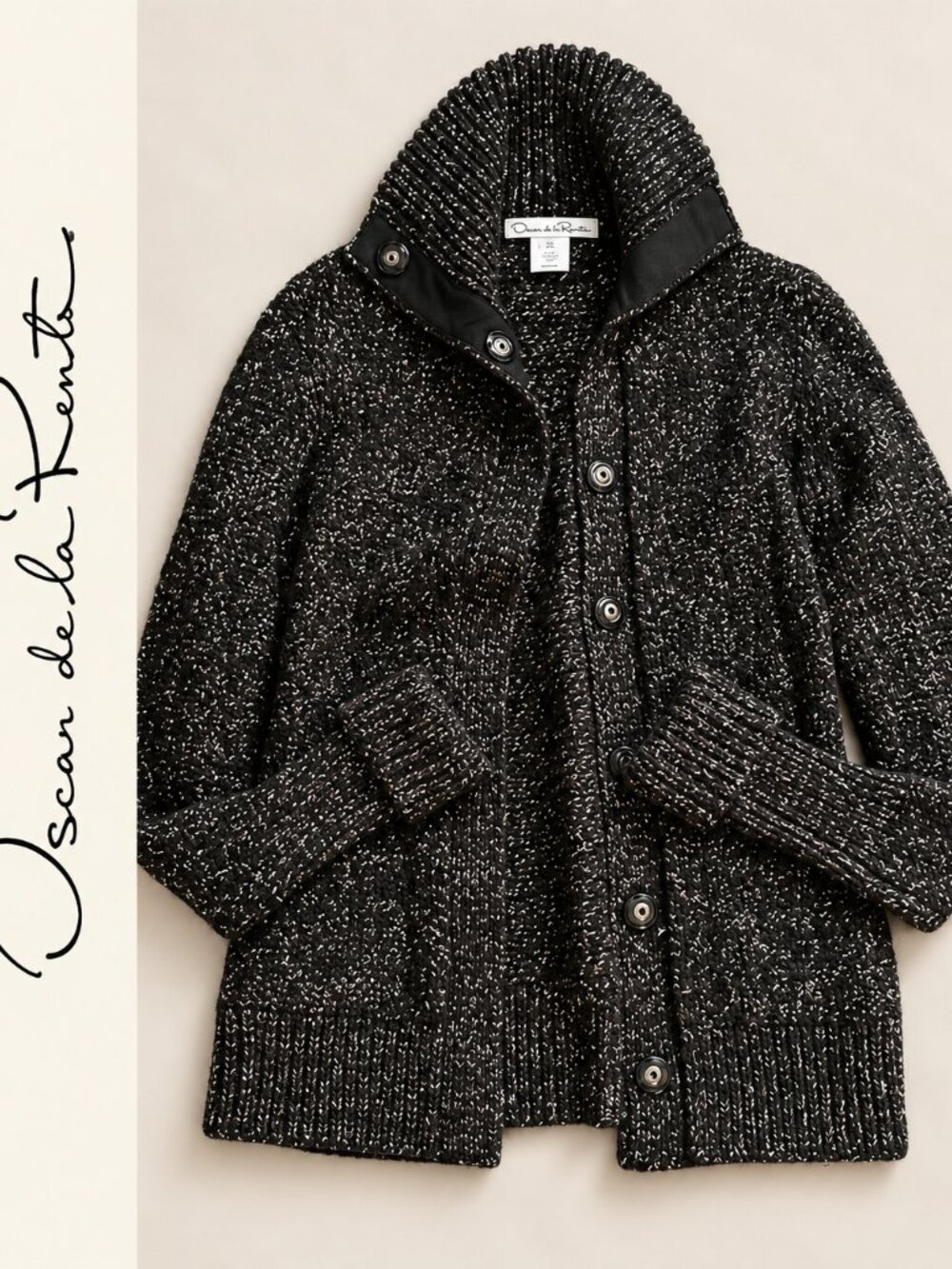 Oscar de la Renta Black Speckled Knit Coatigan S